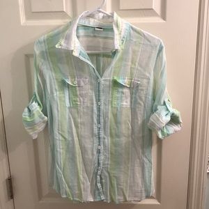 J Crew sheer stripe button up shirt, size large- slim fit
